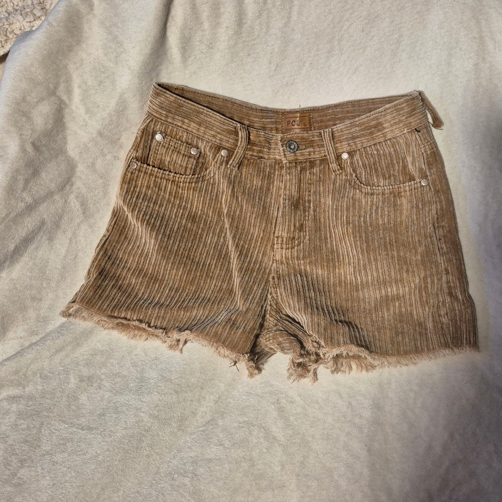 POL Corduroy Pants Tan Brown Wide Wale Zip Fly Floral Button Womens Small